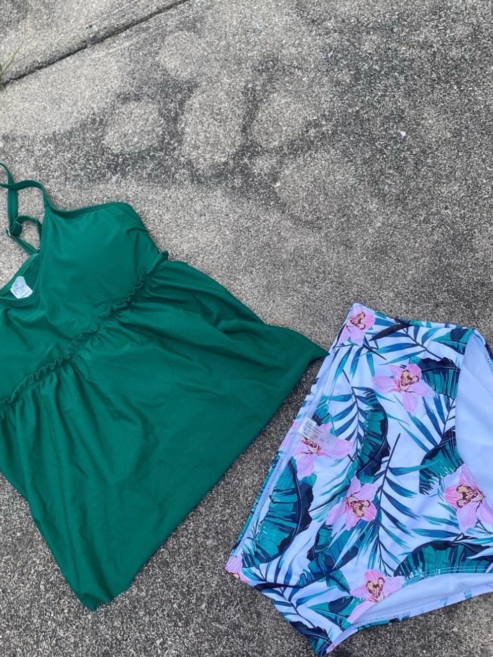 Green Tankini Top with Tropical Print High-Waist Bottoms
